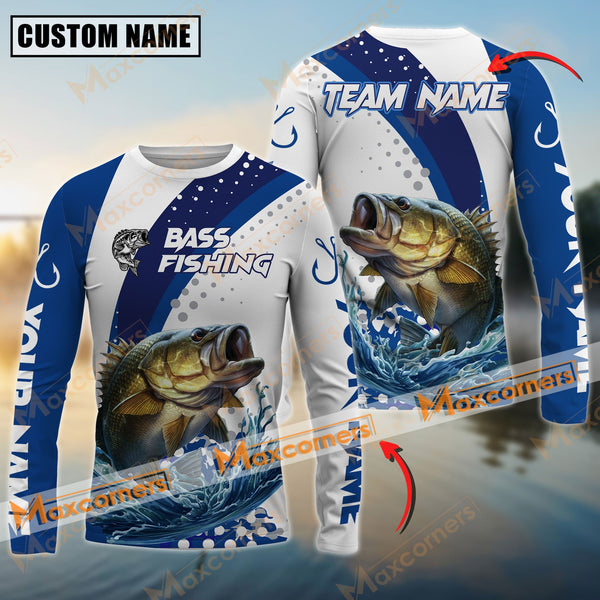 Maxcorner Bass Fishing Blue Jersey Premium Line Pattern Personalized 3D Long Sleeve Shirt