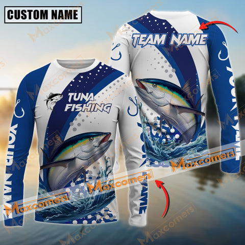 Maxcorner Tuna Fishing Blue Jersey Premium Line Pattern Personalized 3D Long Sleeve Shirt