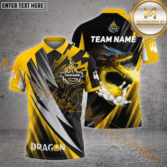 Maxcorner Bowling Ball & Pins Dragon Flame Multicolor Option Customized Name 3D Shirt (5 Colors)