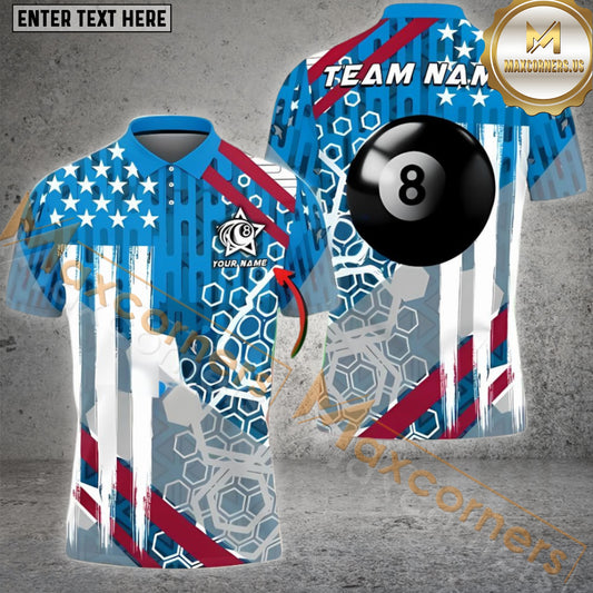 Maxcorners Billiards 8 Ball & 9 Ball America Flag Pattern Multicolor Options Personalized Name, Team Name 3D Polo Shirt (4 Colors)