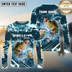 Maxcorners Walleye Fishing Cyan Splash Pattern Sport Jersey Personalized Name, Team Name Long Sleeve Shirt