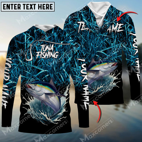 Maxcorners Tuna Fishing Camo Pattern Personalized Name 3D Hooded Long Sleeves Shirt