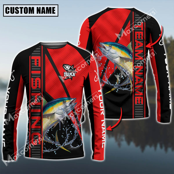 Maxcorners Tuna Fishing Black And Red Line Pro Sport Jersey Pattern Sun Protection Personalized Name Team Name 3D Shirts