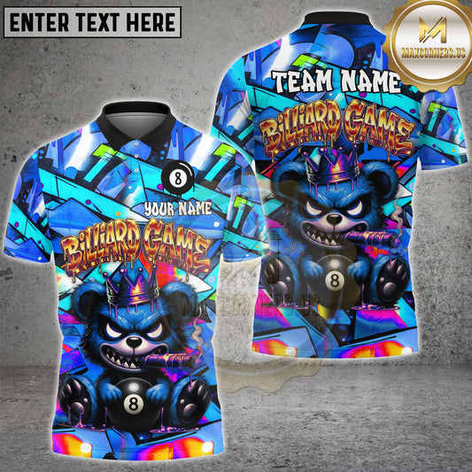 Maxcorners Billiards Shirt Neon Graffiti Angry Bear with 8 Ball Crown Street Art Design Multicolor Options Personalized Name, Team Name 3D Shirt (4 Colors)