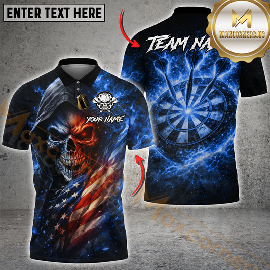 Maxcorners Darts Shirt Flaming Skull with Fire Dartboard Back Design Multicolor Options Personalized Name, Team Name 3D Shirt (4 Colors)
