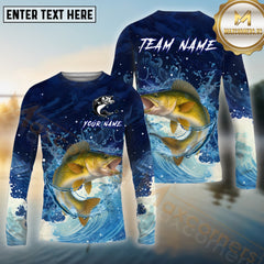 Maxcorners Walleye Fishing Blue Wave Spash Pattern Sport Jersey Personalized Name, Team Name Long Sleeve Shirt
