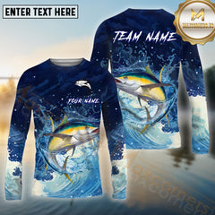 Maxcorners Tuna Fishing Blue Wave Spash Pattern Sport Jersey Personalized Name, Team Name Long Sleeve Shirt