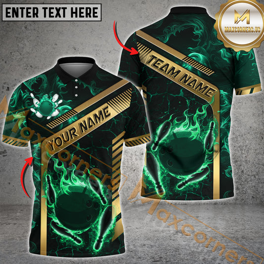 Maxcorners Bowling Ball and Pins Fire Golden Line Premium Pattern Multicolor Option Customized Name & Team Name 3D Shirt (4 colors)