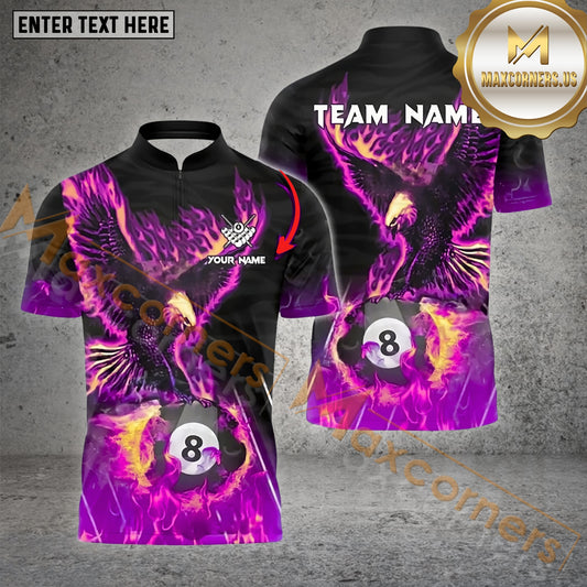 Maxcorners Billiard 8 Ball Eagle Flame Pattern Multicolor Options Personalized Name, Team Name 3D Polo Shirt (4 Colors)