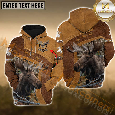 Maxcorners Moose Hunting Leather Pattern Custom Name Shirt 3D All Over Printed Clothes