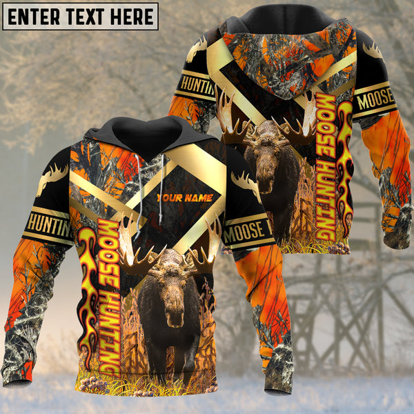 Maxcorners Moose Hunting Orange Camouflage Fire Pattern Custom Name Shirt 3D All Over Printed Clothes