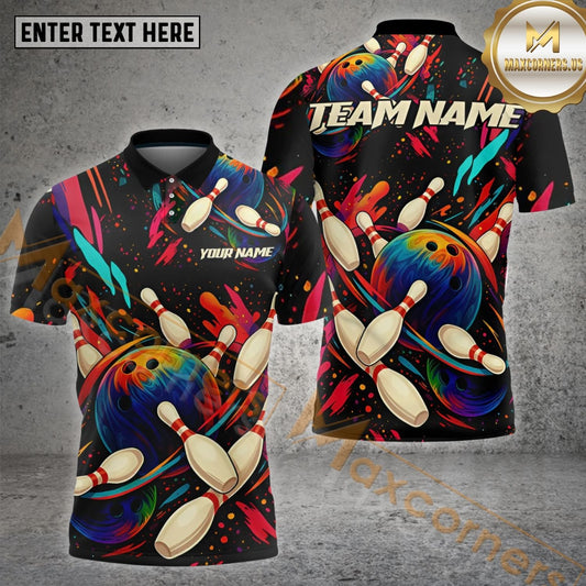 Maxcorners Color Splash Bowling With Rainbow Ball & Flying Pins Multicolor Options Personalized Name, Team Name 3D Shirt (4 Colors)