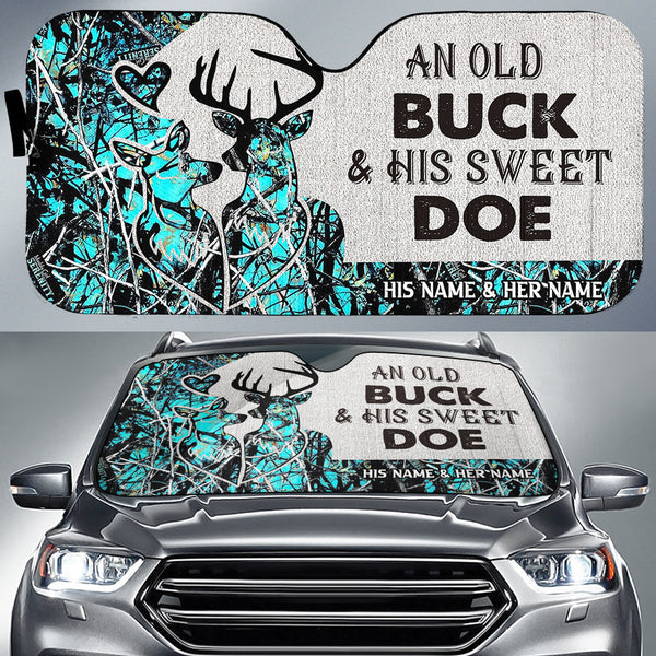 Maxcorners Buck and Doe Couple Hunting Cyan Camo Pattern Custom His Name & Her Name All Over Printed 3D Car Sun Shade