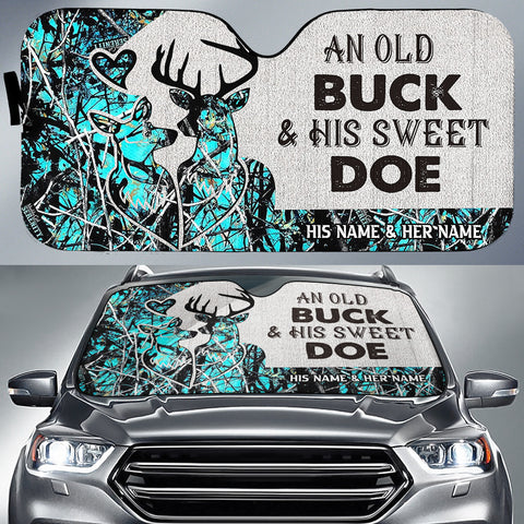 Maxcorners Buck and Doe Couple Hunting Cyan Camo Pattern Custom His Name & Her Name All Over Printed 3D Car Sun Shade