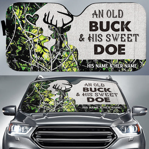 Maxcorners Buck and Doe Couple Hunting Green Camo Pattern Custom His Name & Her Name All Over Printed 3D Car Sun Shade