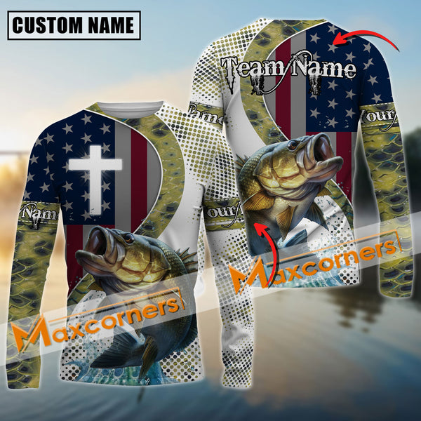 Maxcorners Bass Fishing Cross America Flag Skin Fish Pattern Sun Protection Personalized Name And Team Name Long Sweat Shirt