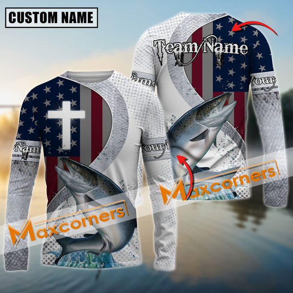 Maxcorners Chinook Fishing Cross America Flag Skin Fish Pattern Sun Protection Personalized Name And Team Name Long Sweat Shirt