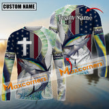 Maxcorners Tuna Fishing Cross America Flag Skin Fish Pattern Sun Protection Personalized Name And Team Name Long Sweat Shirt