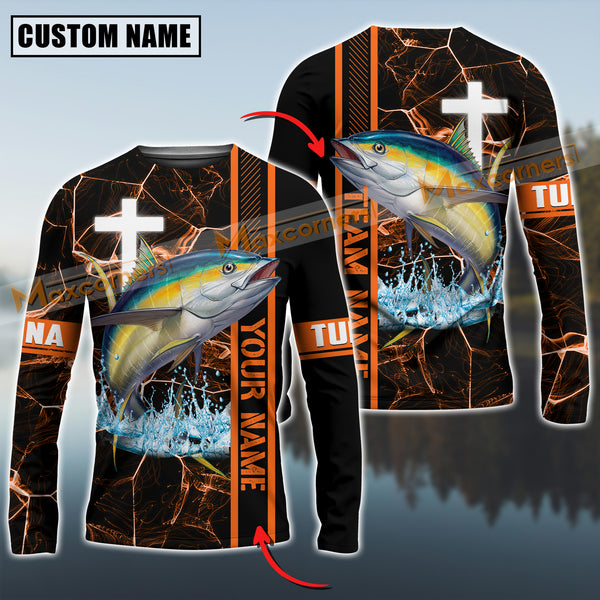 Maxcorners Tuna Fishing Orange Cross Pattern Sun Protection Personalized Name And Team Name Long Sweat Shirt