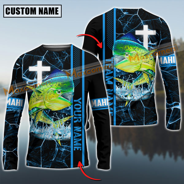 Maxcorners Mahi-Mahi Fishing Blue Cross Pattern Sun Protection Personalized Name And Team Name Long Sweat Shirt