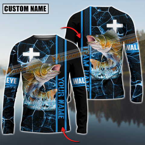 Maxcorners Walleye Fishing Blue Cross Pattern Sun Protection Personalized Name And Team Name Long Sweat Shirt