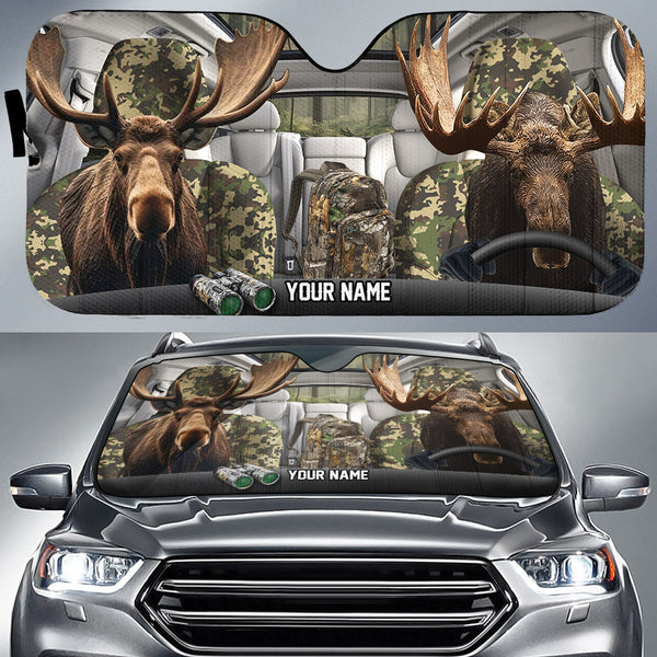 Maxcorners Moose Hunting Driving Camo Pattern Custom Name All Over Printed 3D Car Sun Shade