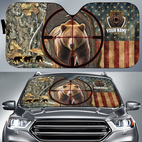 Maxcorners Bear Hunting USA Flag Camo Pattern Custom Name All Over Printed 3D Car Sun Shade