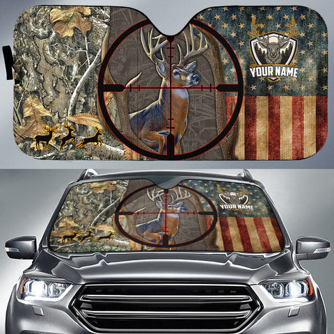 Maxcorners Deer Hunting USA Flag Camo Pattern Custom Name All Over Printed 3D Car Sun Shade