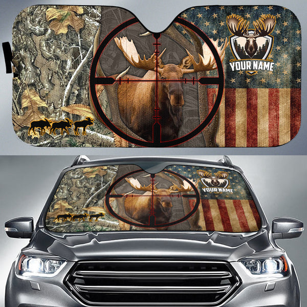 Maxcorners Moose Hunting USA Flag Camo Pattern Custom Name All Over Printed 3D Car Sun Shade