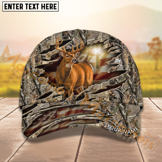 Maxcorners Deer Hunting USA Flag Crack Cross Camo Pattern Personalized Name 3D Cap For Deer Hunter (8 colors)
