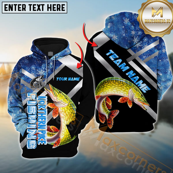 Maxcorners Northern PikeFishing Blue Smoke Pattern Pro Sport Jersey Personalized Name And Team Name Ice Fishing Hoodie Shirt