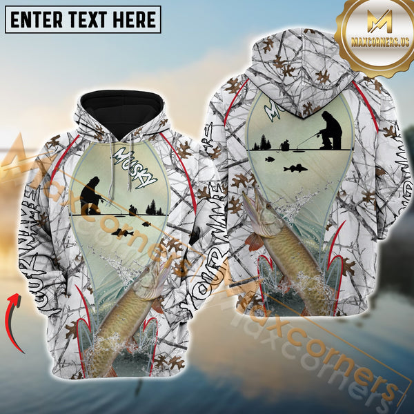 Maxcorners Musky Fishing Winter While Camouflage Pattern Pro Sport Jersey Personalized Name And Team Name Ice Fishing Hoodie Shirt