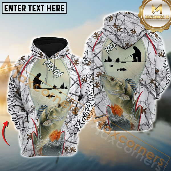 Maxcorners Perch Fishing Winter While Camouflage Pattern Pro Sport Jersey Personalized Name And Team Name Ice Fishing Hoodie Shirt