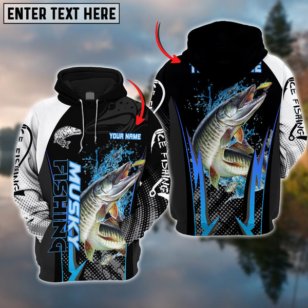 Maxcorners Musky Fishing Blue Line Black Pattern Pro Sport Jersey Personalized Name And Team Name Ice Fishing Hoodie Shirt