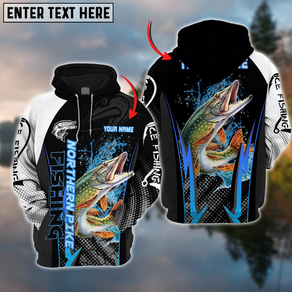 Maxcorners Northern PikeFishing Blue Line Black Pattern Pro Sport Jersey Personalized Name And Team Name Ice Fishing Hoodie Shirt