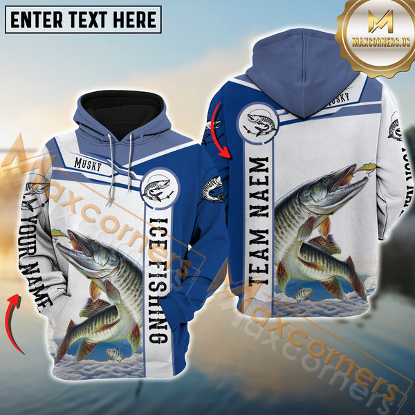 Maxcorners Musky Fishing Blue Pattern Pro Sport Jersey Personalized Name And Team Name Ice Fishing Hoodie Shirt