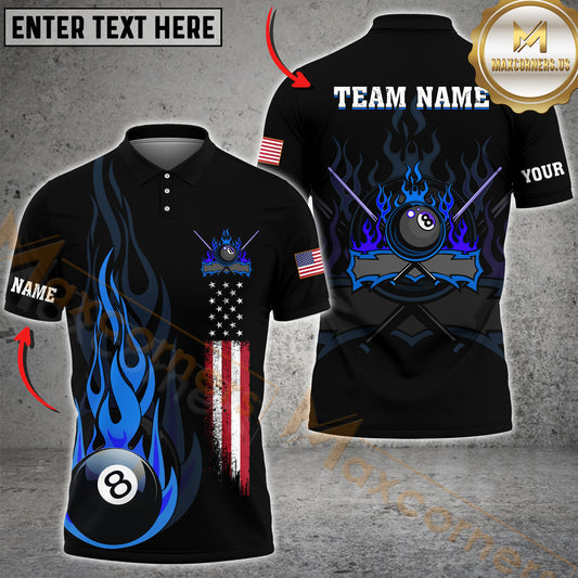 Maxcorners Billiard 8 Ball Flame American Flag Multicolor Options Personalized Name, Team Name 3D Polo Shirt (4 Colors)