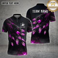 Maxcorners Bowling Ball & Pins Tiger Fire Pins Pattern Personalized Name, Team Name 3D Polo Shirt (4 Colors)