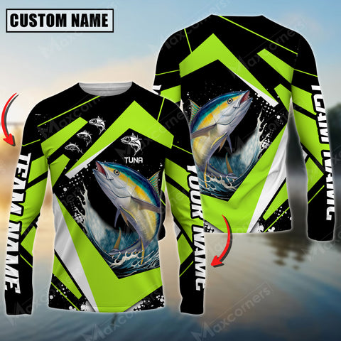 Maxcorner Tuna Fishing  Jersey Green Line Pattern Personalized 3D Long Sleeve Shirt