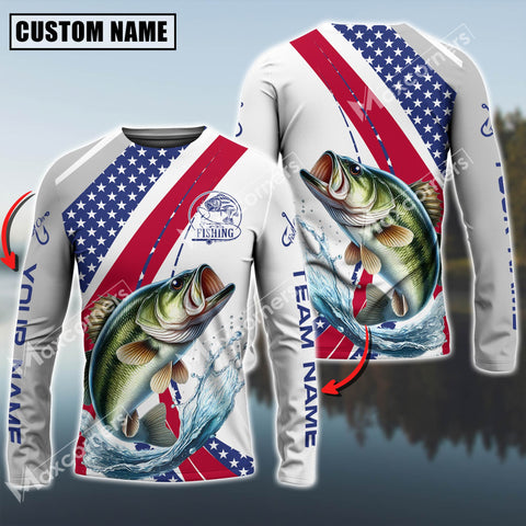 Maxcorner Bass Fishing USA Flag Grey Pattern Personalized 3D Long Sleeve Shirt