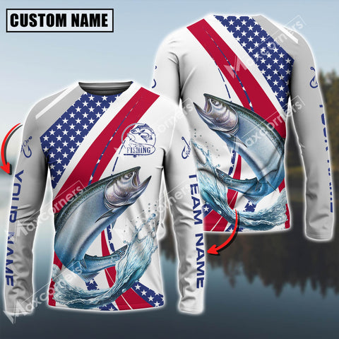 Maxcorner Chinook Fishing USA Flag Grey Pattern Personalized 3D Long Sleeve Shirt