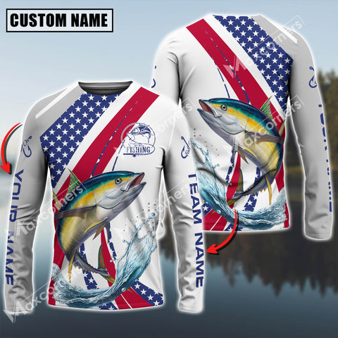 Maxcorner Tuna Fishing USA Flag Grey Pattern Personalized 3D Long Sleeve Shirt