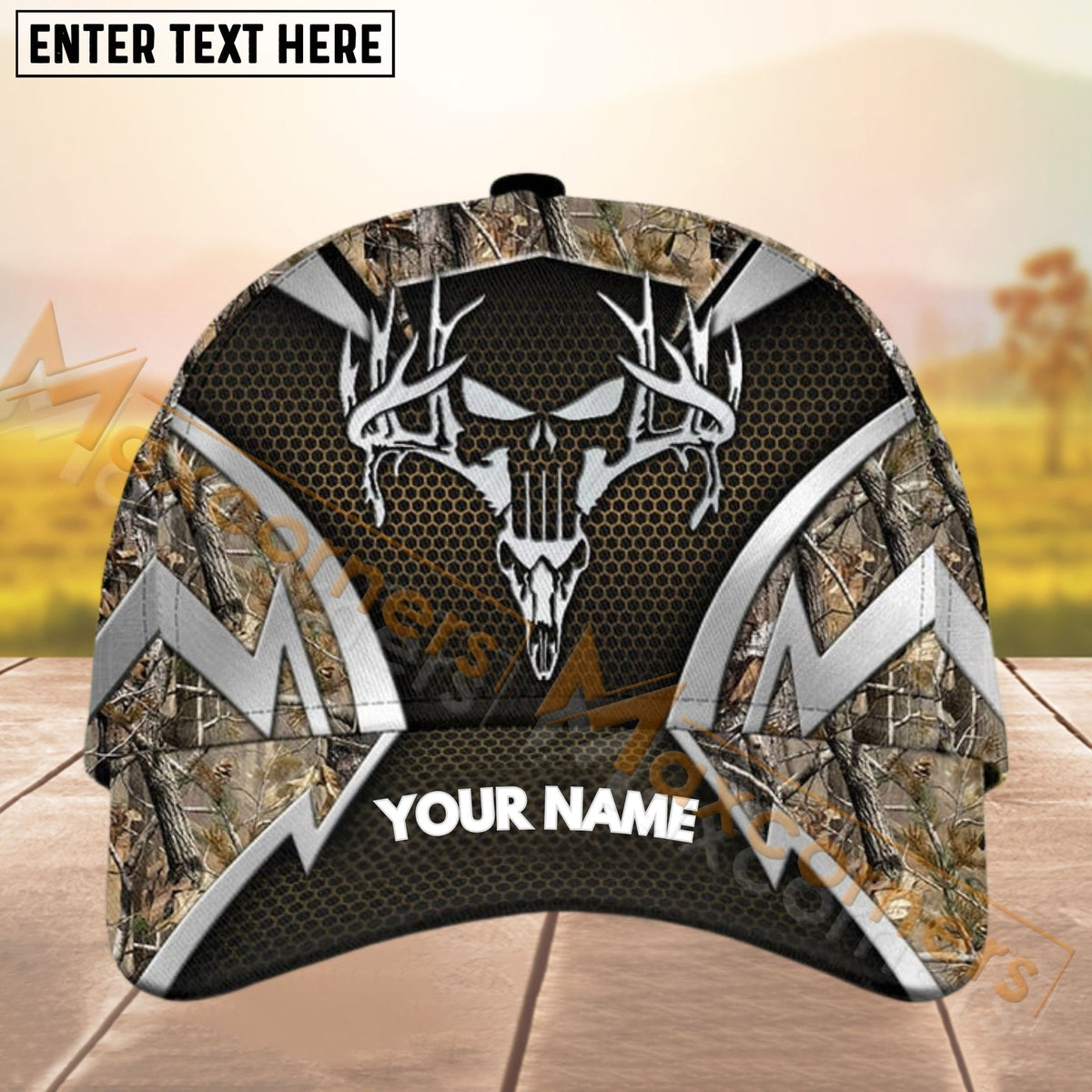 Maxcorners Deer Hunting Logo Silver Pattern Personalized Name 3D Cap (8 colors)