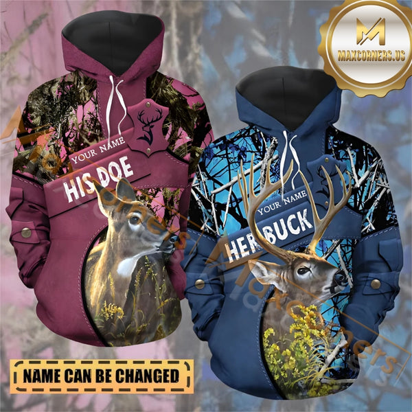 Maxcorners Personalized Her Buck His Doe Name Couple Deer Custom Name Deer Hunting Shirt 3D All Over Printed Clothes