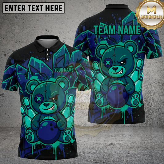 Maxcorners Bowling Shirt Gothic Teddy Bear Bowling Graphic Multi Options Personalized Name, Team Name Unisex 3D Shirt (4 Colors)