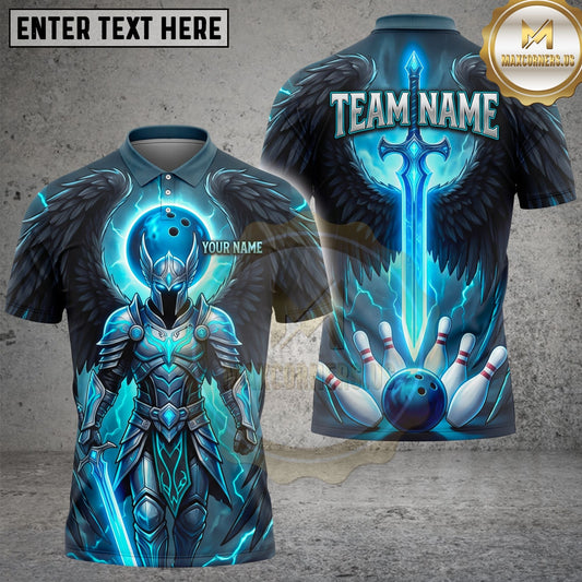Maxcorners Bowling Shirt Medieval Knight Angel Wings Sword Graphic Multi Options Personalized Name, Team Name Unisex 3D Shirt (4 Colors)