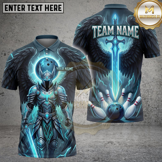 Maxcorners Bowling Shirt Medieval Knight Angel Wings Sword Graphic Multi Options Personalized Name, Team Name Unisex 3D Shirt (4 Colors)