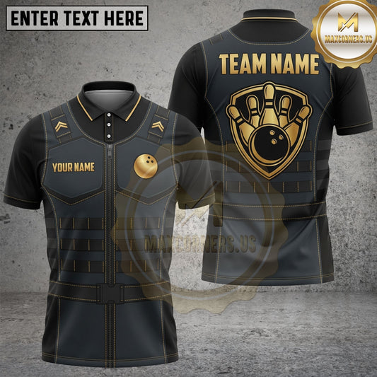 Maxcorners Bowling Shirt Tactical Vest Style Bowling Ball Shield Graphic Multi Options Personalized Name, Team Name Unisex 3D Shirt (4 Colors)