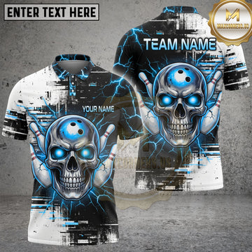 Maxcorners Bowling Shirt Skull Bowling Ball Electric Lightning Graphic Multi Options Personalized Name, Team Name Unisex 3D Shirt (4 Colors)