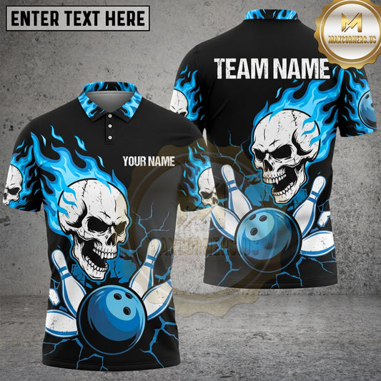 Maxcorners Skull Bowling Shirt Blue Flame Bowling Ball Graphic Multi Options Personalized Name, Team Name Unisex 3D Shirt (4 Colors)